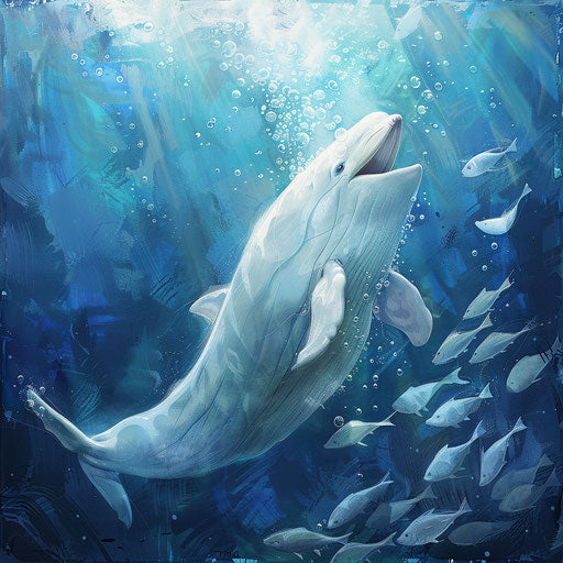 Playful beluga surrounded by fish in Arctic waters