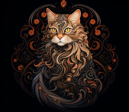 Long haired cat on black background, light brown and maroon style