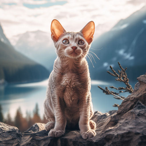 Devon Rex cat sitting in front of mountain scenery