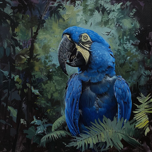 Spix's macaw calling, beak open, eyes alert, sound echoing in the forest