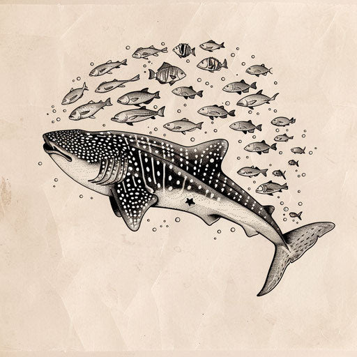 Tranquil tattoo sketch of a whale shark swimming peacefully with a school of fish