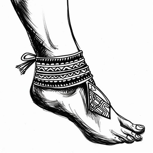 Dynamic tattoo sketch of an ankle bracelet with bold black tribal pattern