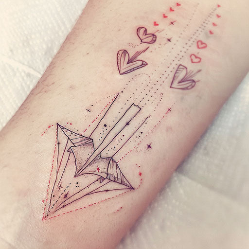 Romantic tattoo sketch of a paper airplane with heart-shaped trails in pink and red