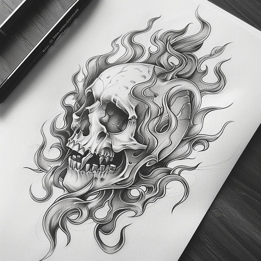 Detailed flame and skull tattoo design in black and white