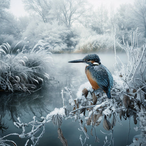 Kingfisher in a frosty winter landscape