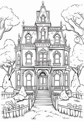 Black and white Halloween coloring pages, architectural style
