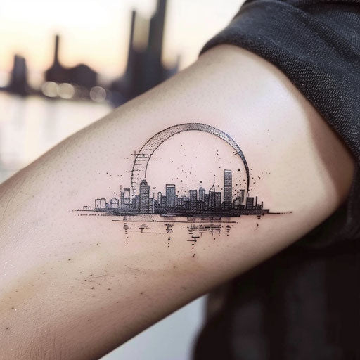 Intricate sunset tattoo of city skyline under dusky sky