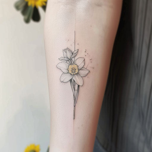 Contemporary minimalistic tattoo of a Narcissus with a touch of gold on white