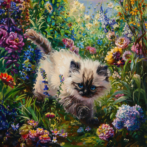 Himalayan kitten exploring a garden filled with flowers