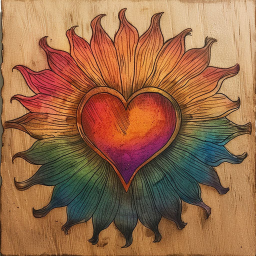 Sunburst design with pride colors, centering love in a flat tattoo sketch