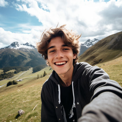 Adventure selfie with mountain background, cool and natural