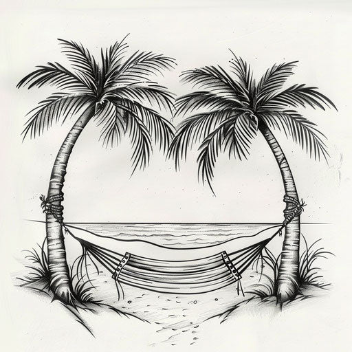Peaceful flat tattoo sketch of a hammock between two palm trees on a tropical beach