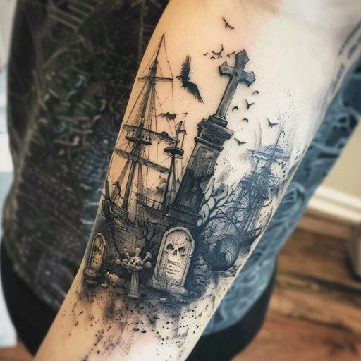 Gothic tattoo of pirate graveyard with ghostly ships
