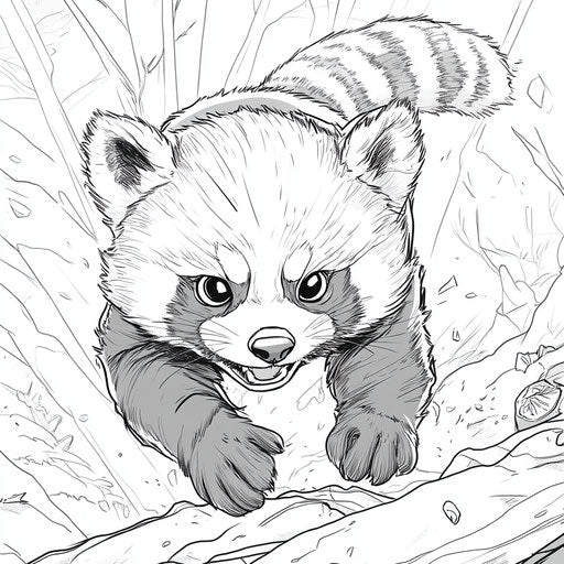 Red panda in an anime-inspired adventure, Mamoru Hosoda style, coloring book page