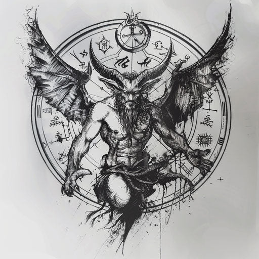 Flat tattoo sketch of Lucifer encircled by ancient occult symbols