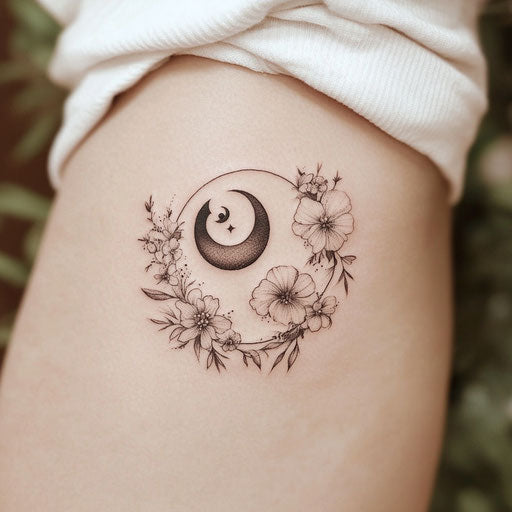 Tiny cute tattoo: yin-yang symbol with floral patterns