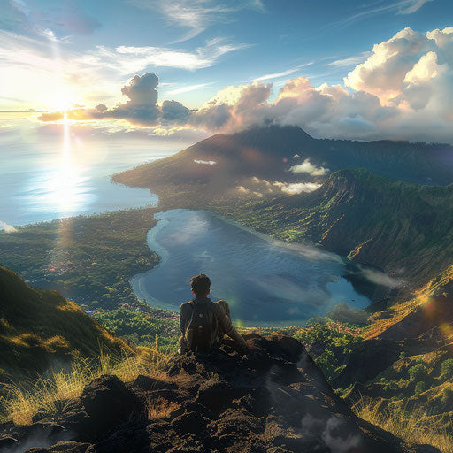 Scaling Mount Batur in Bali at sunrise, overlooking a deep, blue volcanic lake, gazing at the ocean over the horizon and watch clouds billow in the sky