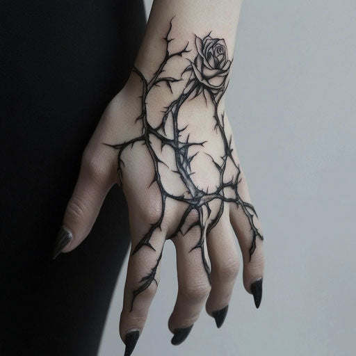 Stylish tattoos on hand of delicate rose with thorns