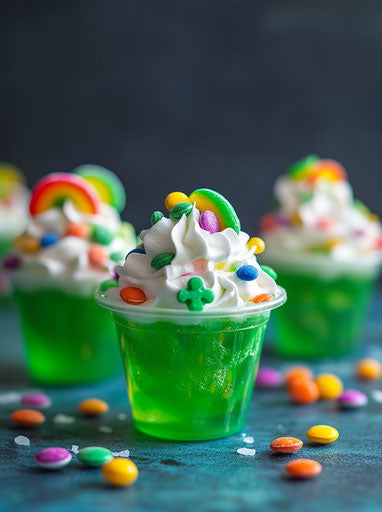 Small cups of green jelly with rainbow candy and whipped cream