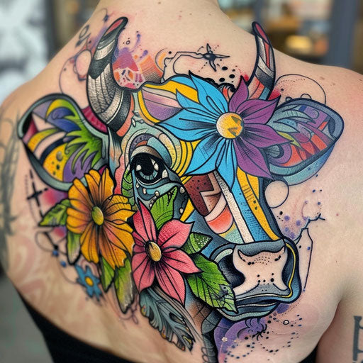 Surreal cow tattoo