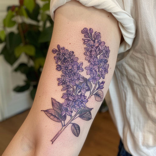Pointillism lilac tattoo with thousands of small dots on a white sheet