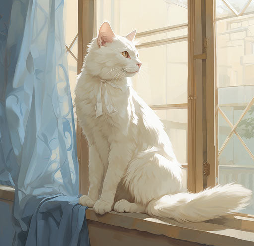 White and blue cat between two windows in light maroon and light beige