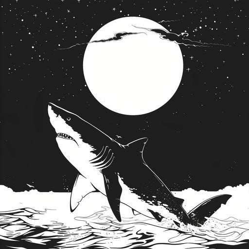 Minimalist shark in moonlit ocean