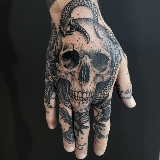Skull hand tattoo in the style of David Palumbo with mythical creature illustrations