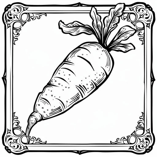 Bold outline of a carrot with a decorative border. Coloring page