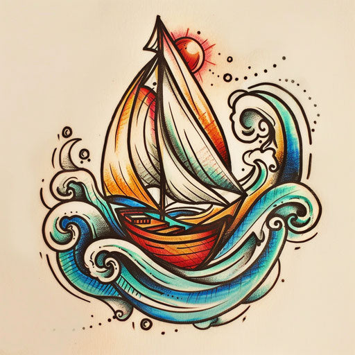 Modern flat tattoo sketch with a boat and colorful, stylized ocean waves