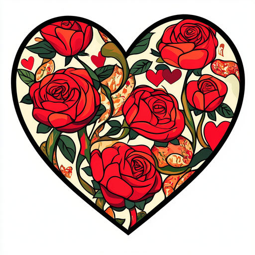 Red roses and hearts in a heart-shaped design