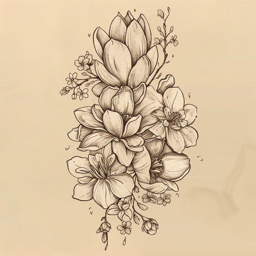 Tranquil flat tattoo sketch of a birth flower bouquet with serene magnolias and cherry blossoms