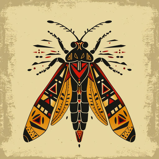 Ethnic tattoo sketch of a firefly with tribal patterns and earthy colors