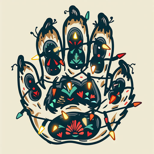 Bear paw adorned with Christmas lights and festive motifs