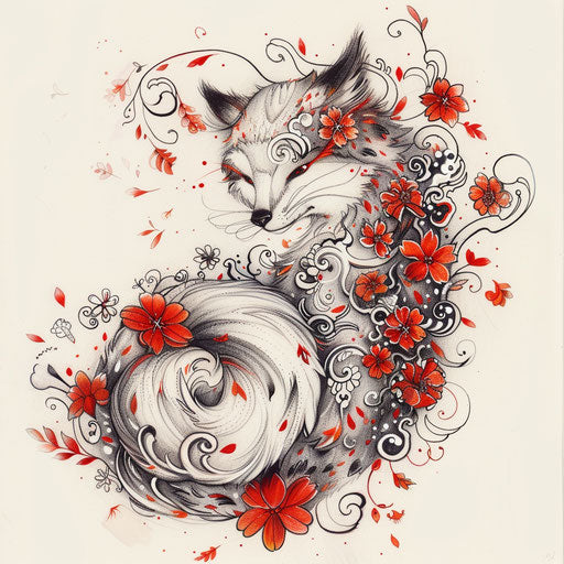 Whimsical flat tattoo sketch of a floral kitsune
