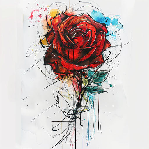Expressive tattoo sketch of a red rose with abstract splashes and vibrant hues