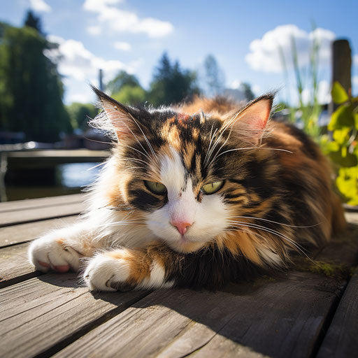 Calico cat sleeping on a dock