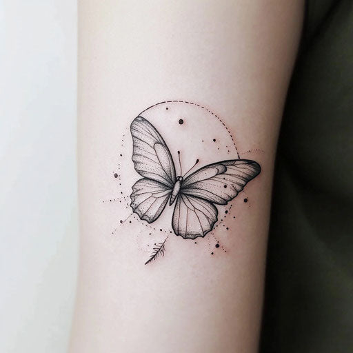 Small butterfly in flight at inner elbow, flat tattoo sketch