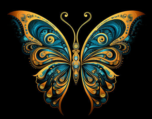 Blue and gold butterfly tattoo design, gothic style