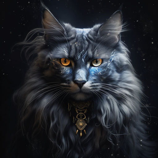Gray and white cat, dark blue and gold style, exaggerated luxury
