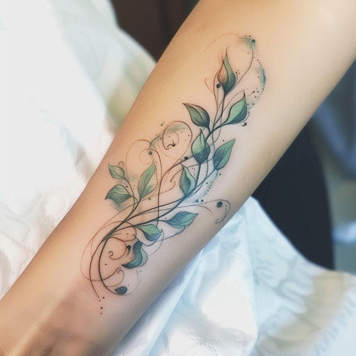 Abstract tattoo design inspired by eucalyptus leaves, with swirling patterns and soft green hues, on a white surface.
