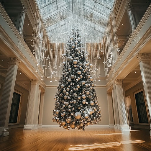 Upside-down Christmas tree hanging from ceiling with crystal ornaments and silver tinsel