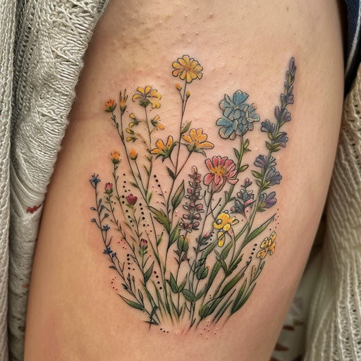Wildflower Meadow Tattoo, Lush Pastel Colors