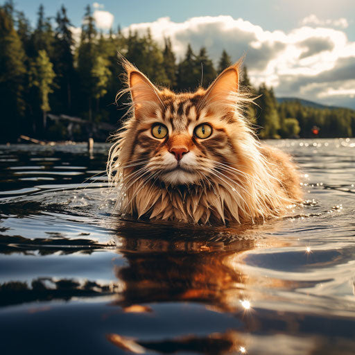 Norwegian forest cat swimming in a lake by the shore