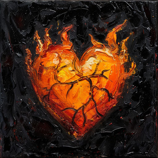 Burning heart symbol, emotional sensitivity, romanticism, massurrealism