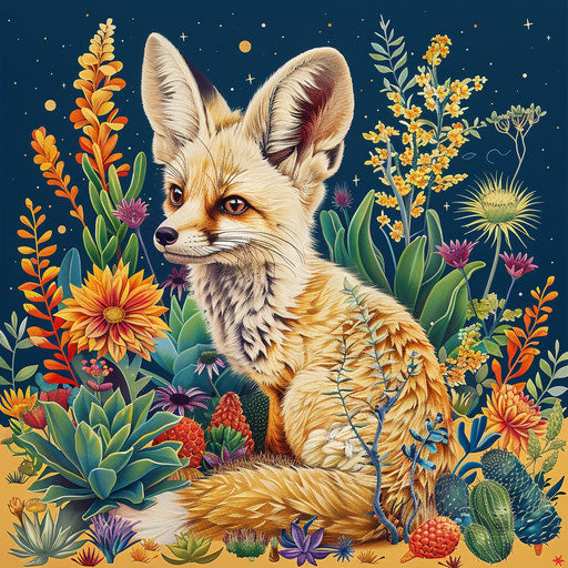 Fennec fox with vibrant desert flora