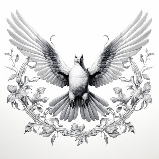 Symmetrical Dove and branch illustration realism mural black white