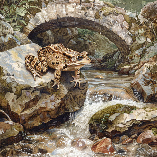 Western leopard toad crossing a natural stone bridge over a babbling brook