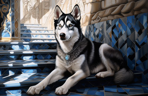 White and black husky dog on steps