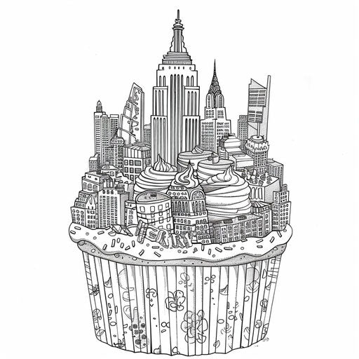 A cupcake with a detailed cityscape on top. Coloring book page